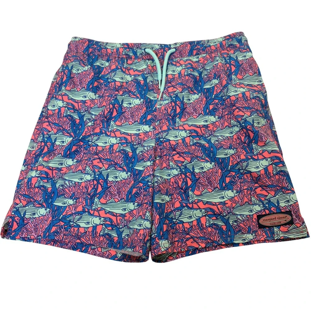 Vineyard Vines Swim Trunks Mens XL Pink Blue Striped Bass Fish Chappy Shorts